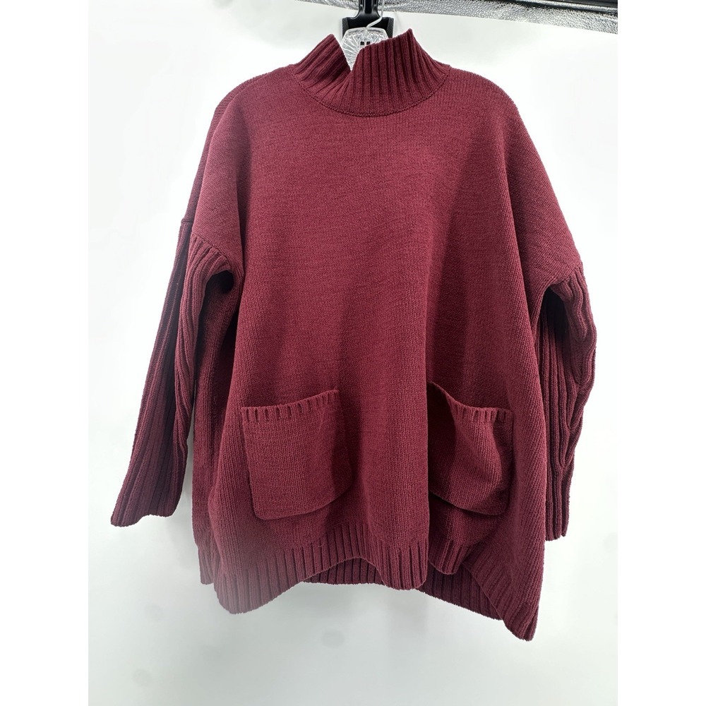 J Jill Womens Chenille Sweater Size M Maroon High Neck Pockets Oversized Comfy